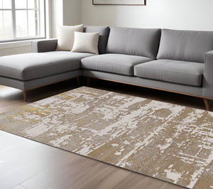 HomeRoots 3' Ivory Taupe and Gold Abstract Area Rug - Elegant, Durable Design for Modern Homes and Spaces 7' X 10' 375049