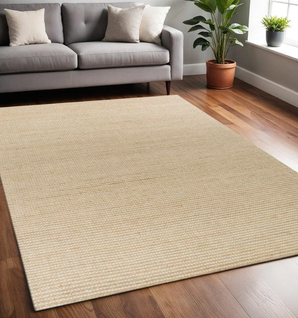 HomeRoots 5' Hand-Woven Tan and Ivory Area Rug - Artisan Crafted Wool & Jute for Timeless Comfort and Style 5' X 7' 375052