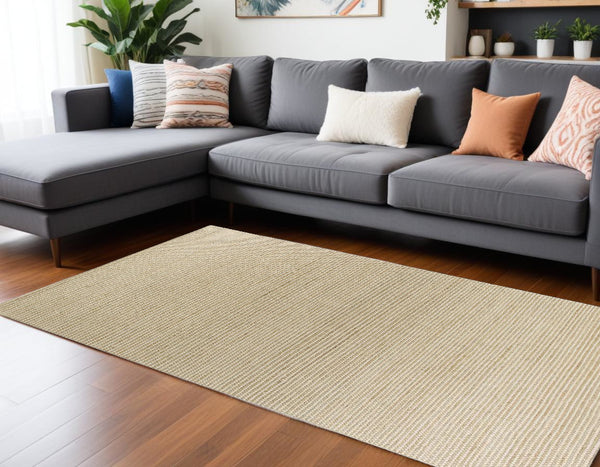 Homeroots 7' X 10' Tan And Ivory Wool Hand Woven Area Rug  Wool 375053