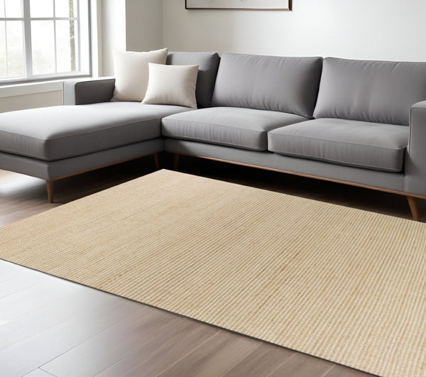 HomeRoots 8' Hand Woven Tan and Ivory Area Rug - Artisanal Charm, Soft Wool & Jute Blend for Cozy Spaces 8' X 11' 375054