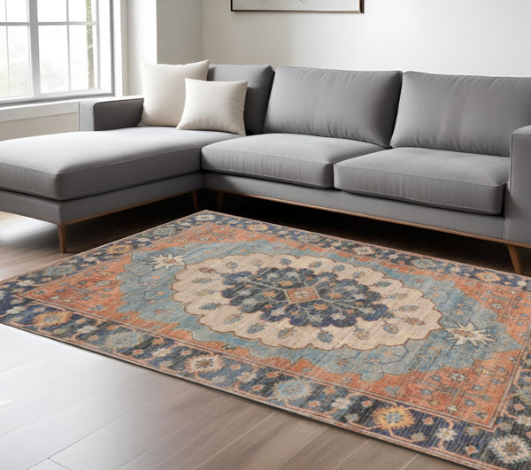 HomeRoots 8' Hand-Woven Medallion Area Rug in Blue, Orange, and Black - Timeless Charm for Any Room 8' X 10' 375080