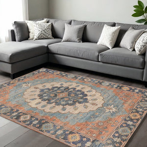 HomeRoots 9' Hand-Woven Jute Area Rug with Bold Blue, Orange, and Black Medallion Design for Cozy Spaces 9' X 12' 375081