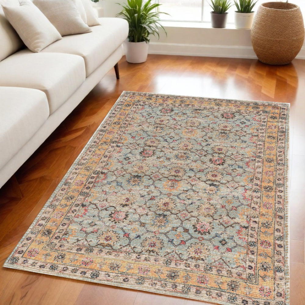 HomeRoots 5' Hand-Woven Jute Floral Area Rug in Blue and Beige – Timeless Charm for Any Room Décor 5' X 7' 375084