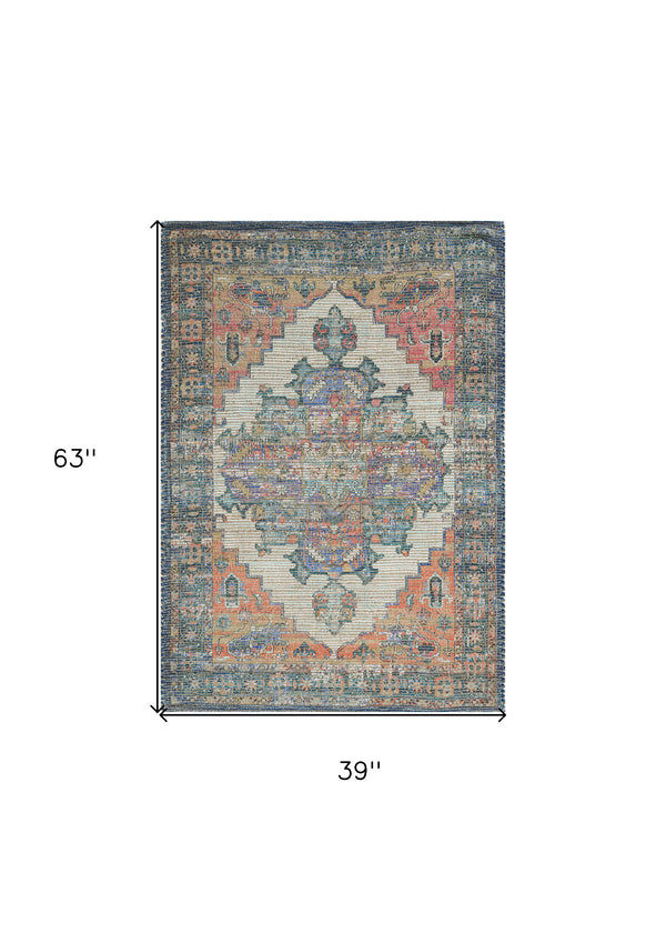 Homeroots 3' X 5' Teal Blue Medallion Hand Woven Distressed Area Rug  Jute 375088