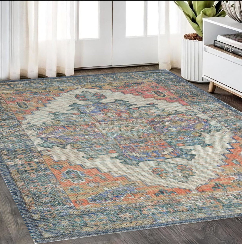 HomeRoots 5' Hand-Woven Jute Medallion Area Rug - Distressed Blue, Brick Red, and Brown for Timeless Charm 5' X 7' 375089