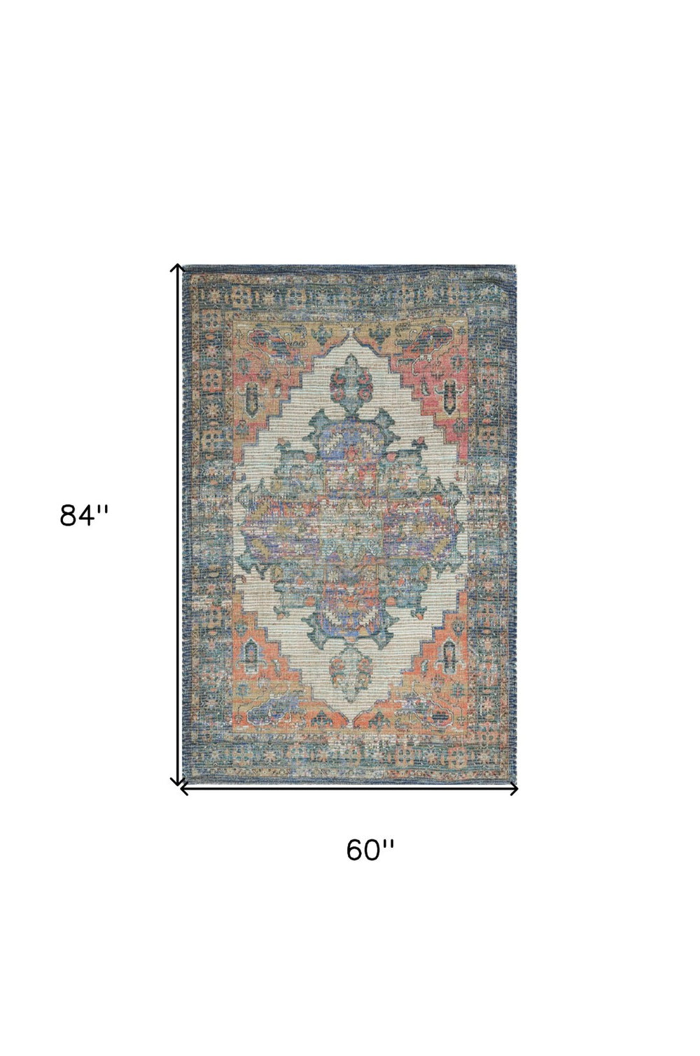 HomeRoots 5' Hand-Woven Jute Medallion Area Rug - Distressed Blue, Brick Red, and Brown for Timeless Charm 5' X 7' 375089