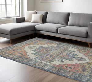 HomeRoots 8' Hand-Woven Distressed Medallion Area Rug in Blue, Brick Red & Brown - Timeless Charm for Your Home 8' X 10' 375090