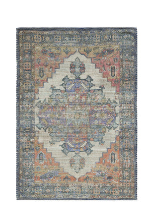 HomeRoots 8' Hand-Woven Distressed Medallion Area Rug in Blue, Brick Red & Brown - Timeless Charm for Your Home 8' X 10' 375090