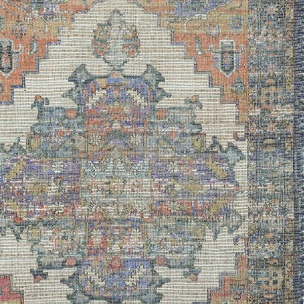 HomeRoots 8' Hand-Woven Distressed Medallion Area Rug in Blue, Brick Red & Brown - Timeless Charm for Your Home 8' X 10' 375090
