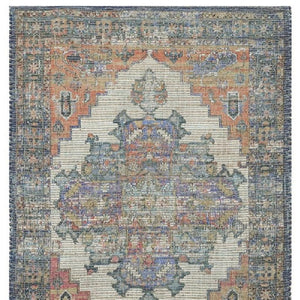 HomeRoots 8' Hand-Woven Distressed Medallion Area Rug in Blue, Brick Red & Brown - Timeless Charm for Your Home 8' X 10' 375090