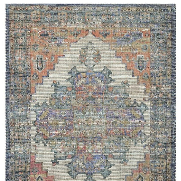 HomeRoots 8' Hand-Woven Distressed Medallion Area Rug in Blue, Brick Red & Brown - Timeless Charm for Your Home 8' X 10' 375090