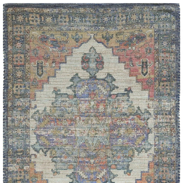 HomeRoots 8' Hand-Woven Distressed Medallion Area Rug in Blue, Brick Red & Brown - Timeless Charm for Your Home 8' X 10' 375090