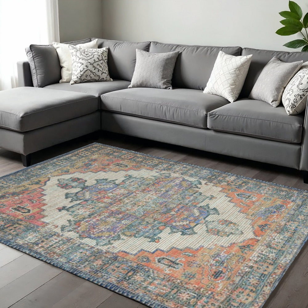 HomeRoots 9' Hand-Woven Jute Medallion Area Rug in Rich Blue, Brick Red, and Brown for Timeless Elegance 9' X 12' 375091