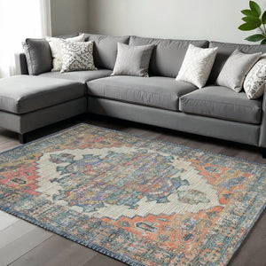 HomeRoots 9' Hand-Woven Jute Medallion Area Rug in Rich Blue, Brick Red, and Brown for Timeless Elegance 9' X 12' 375091