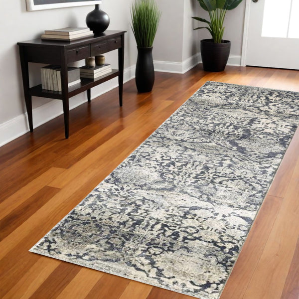 HomeRoots 8' Gray and Ivory Floral Medallion Area Rug - Durable, Soft Polyester, Perfect for High-Traffic Spaces 8' Runner 375113