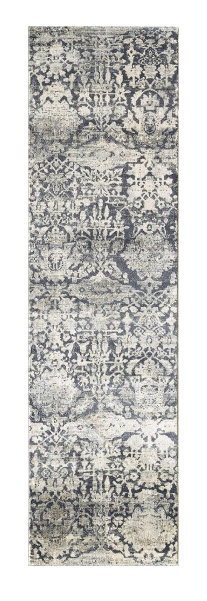 HomeRoots 8' Gray and Ivory Floral Medallion Area Rug - Durable, Soft Polyester, Perfect for High-Traffic Spaces 8' Runner 375113