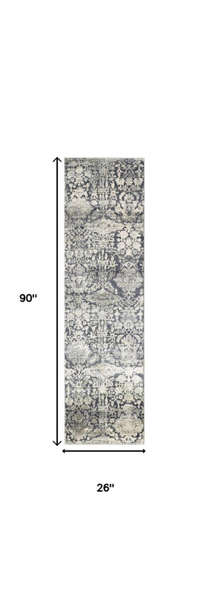 HomeRoots 8' Gray and Ivory Floral Medallion Area Rug - Durable, Soft Polyester, Perfect for High-Traffic Spaces 8' Runner 375113