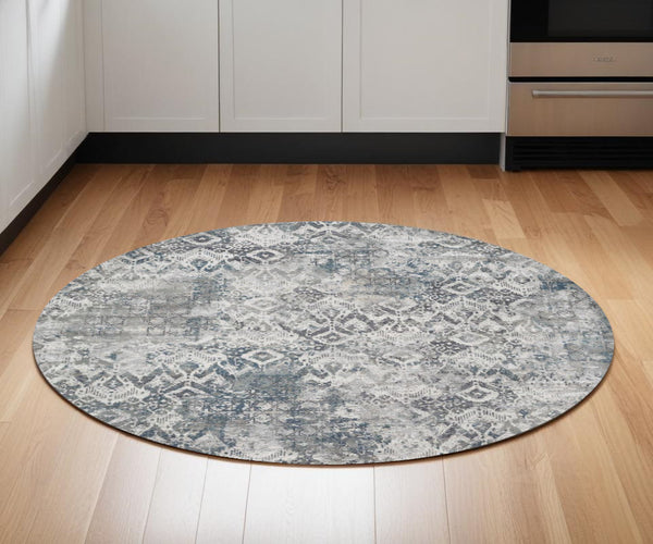 Homeroots 8' X 8' Ivory Gray And Teal Abstract Area Rug  Polyester 375135
