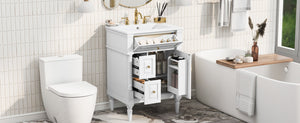 English Elm 24 Inch Freestanding Vanity with Ceramic Sink Rubberwood Frame Matte Finish Storage White N725P356058K