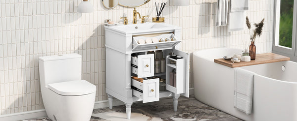 English Elm 24 Inch Freestanding Vanity with Ceramic Sink Rubberwood Frame Matte Finish Storage White N725P356058K