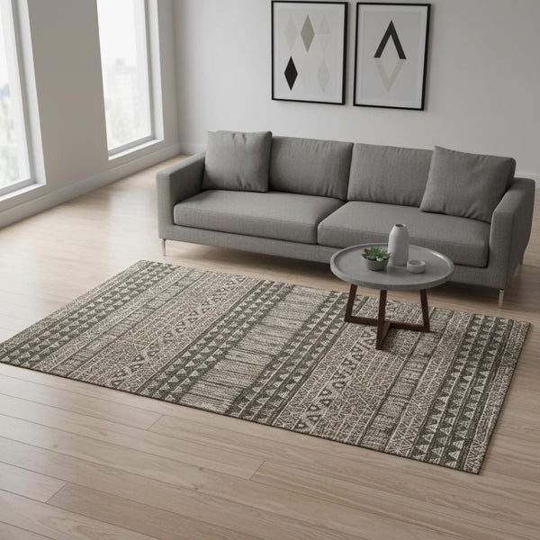 HomeRoots 5' Charcoal and Gray Tribal Area Rug – Modern Design, Durable Comfort for Living Rooms and Entryways 5' X 8' 375220