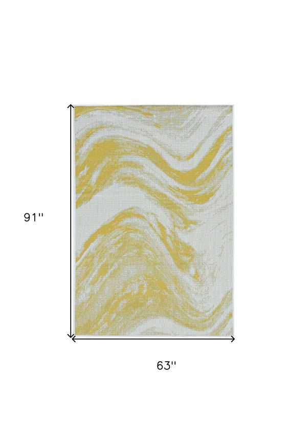 HomeRoots 5' Gold and Ivory Abstract Area Rug - Stylish Indoor/Outdoor Design for Modern Spaces and Durability 5' x 8' 375234