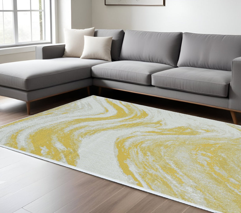 HomeRoots 8' Elegant Ivory and Gold Abstract Area Rug - Durable, Stain-Resistant, Modern Style for Any Room 8' X 11' 375235