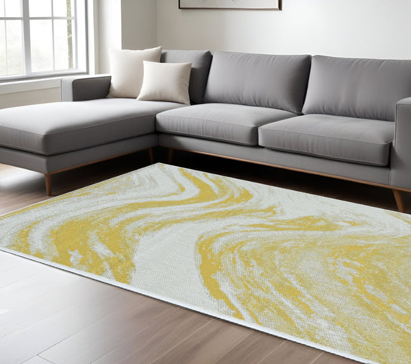 HomeRoots 8' Elegant Ivory and Gold Abstract Area Rug - Durable, Stain-Resistant, Modern Style for Any Room 8' X 11' 375235