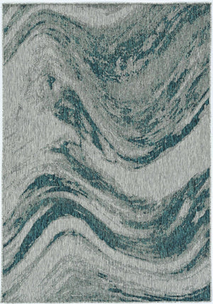 HomeRoots 5' Abstract Waves Rug in Grey or Teal – Durable, Machine-Woven, Stylish for Indoor & Outdoor Spaces 375239