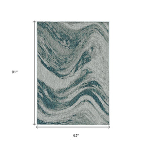 HomeRoots 5' Abstract Waves Rug in Grey or Teal – Durable, Machine-Woven, Stylish for Indoor & Outdoor Spaces 375239