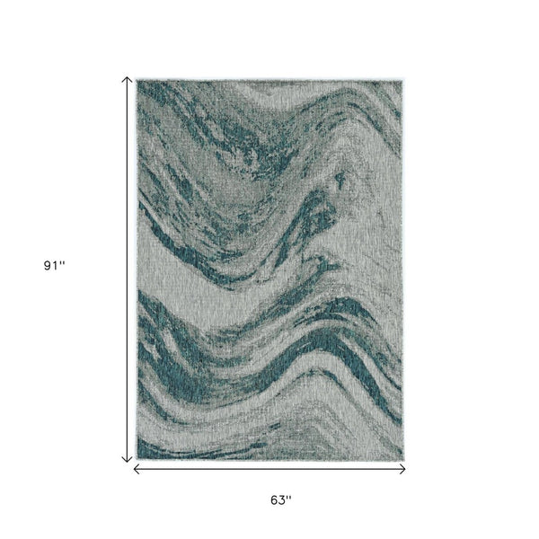 HomeRoots 5' Abstract Waves Rug in Grey or Teal – Durable, Machine-Woven, Stylish for Indoor & Outdoor Spaces 375239