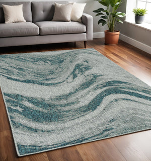 HomeRoots 5' Abstract Waves Rug in Grey or Teal – Durable, Machine-Woven, Stylish for Indoor & Outdoor Spaces 375239
