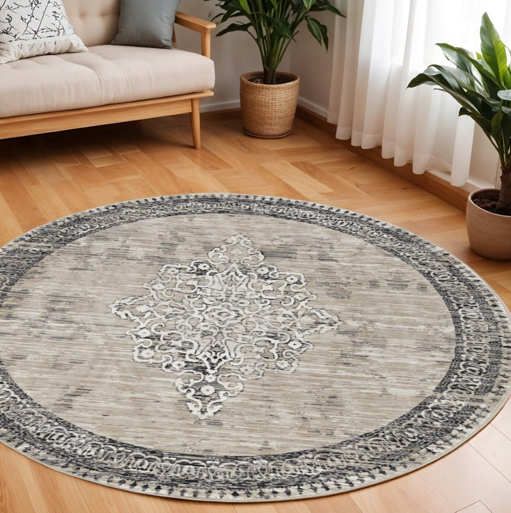 HomeRoots 8' Modern Geometric Area Rug in Natural and Beige – Perfect for Living Rooms, Dining Areas, and More! 8' Round 375246