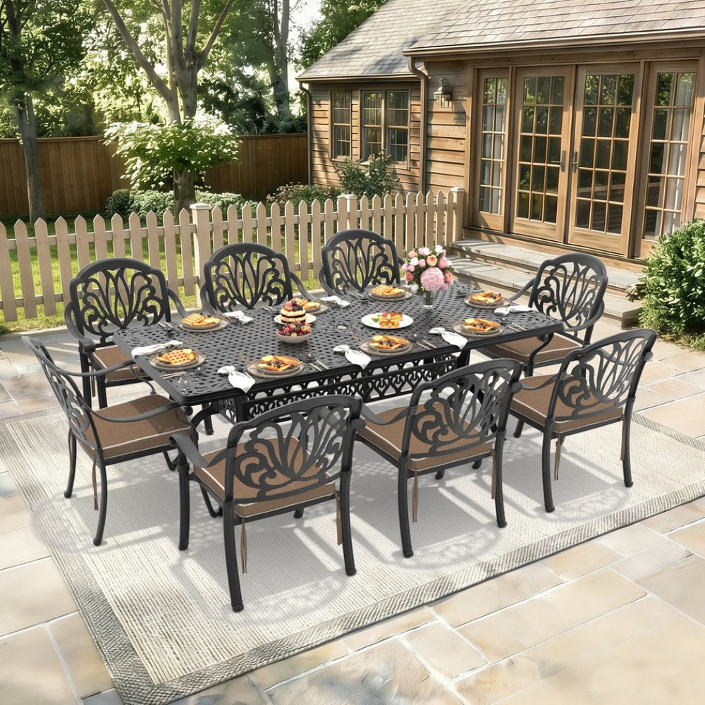 English Elm 9-piece Cast Aluminum Outdoor Dining Set Ornate Relief Carved Patio Garden Furniture W1710S00610