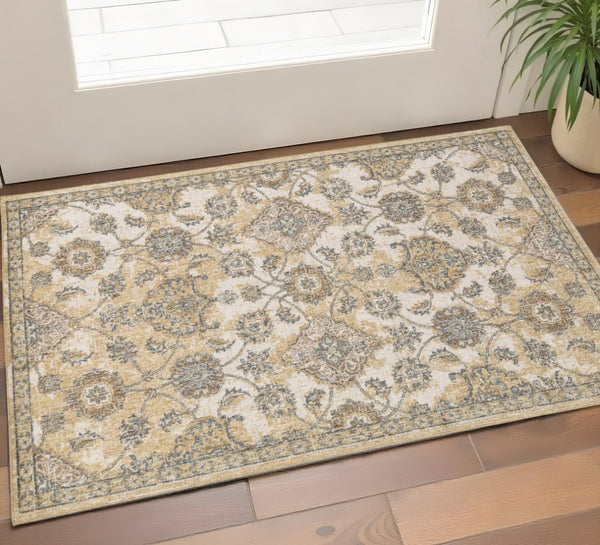 HomeRoots 2' Elegant Ivory Beige Gray Floral Medallion Area Rug - Cozy Comfort for Stylish Small Spaces 2' X 3' 375262