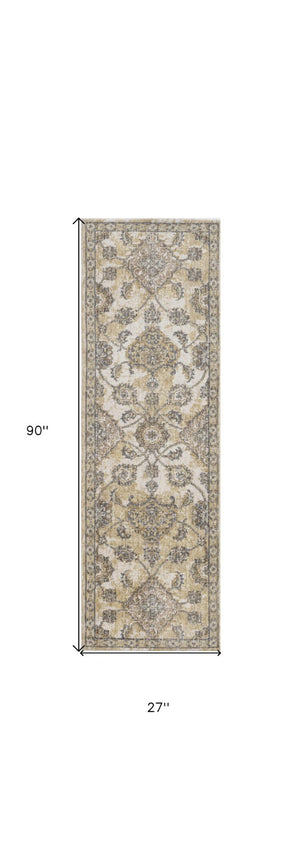 HomeRoots 2' Elegant Ivory Beige Gray Floral Medallion Area Rug - Cozy Comfort for Stylish Small Spaces 7' Runner 375263