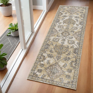 HomeRoots 2' Elegant Ivory Beige Gray Floral Medallion Area Rug - Cozy Comfort for Stylish Small Spaces 7' Runner 375263