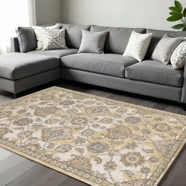 HomeRoots 2' Elegant Ivory Beige Gray Floral Medallion Area Rug - Cozy Comfort for Stylish Small Spaces 8' X 11' 375266