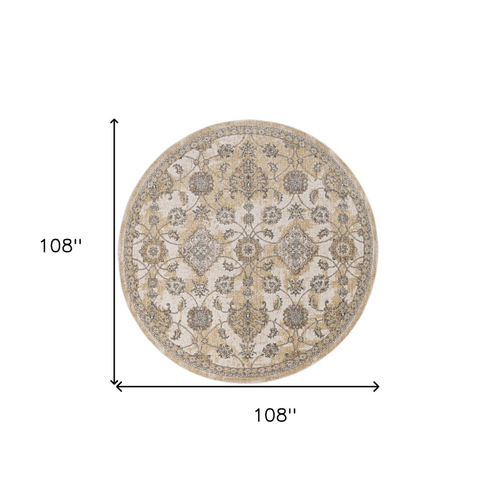 HomeRoots 9' Ivory Beige and Gray Floral Medallion Wool Rug - Timeless Elegance for Cozy Living Spaces 9' Round 375268