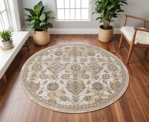 HomeRoots 9' Ivory Beige and Gray Floral Medallion Wool Rug - Timeless Elegance for Cozy Living Spaces 9' Round 375268