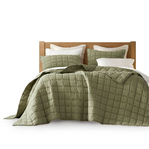English Elm 3-piece French Linen Quilt Set Garment Washed Breathable Box Stitched Bedding Olive Green B035P408301