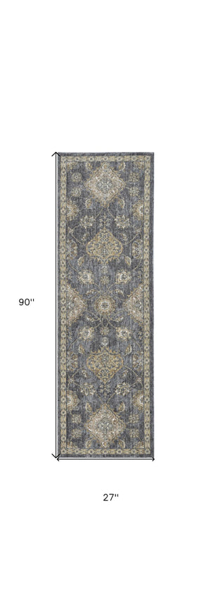 HomeRoots 2' Sage and Slate Gray Floral Medallion Wool Area Rug - Elegant Comfort for Small Spaces 7' Runner 375277