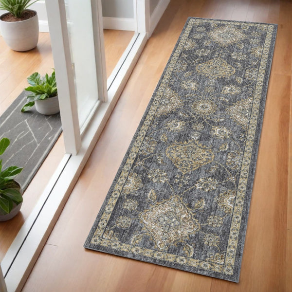 HomeRoots 2' Sage and Slate Gray Floral Medallion Wool Area Rug - Elegant Comfort for Small Spaces 7' Runner 375277