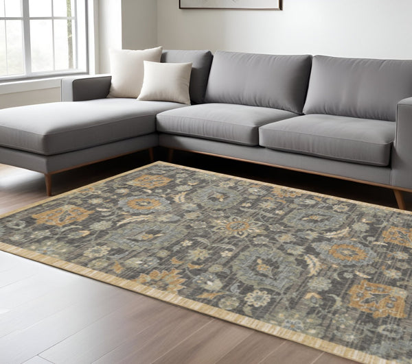 HomeRoots 9' Timeless Wool Floral Distressed Area Rug in Taupe, Orange, and Gray for Elegant Home Décor 9' X 13' 375288