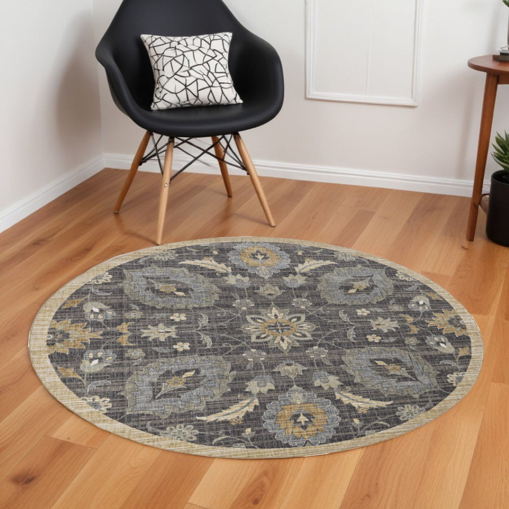 HomeRoots 9' Wool Floral Distressed Rug in Taupe, Orange, and Gray – Vintage Charm for Any Room Decor 9' Round 375289