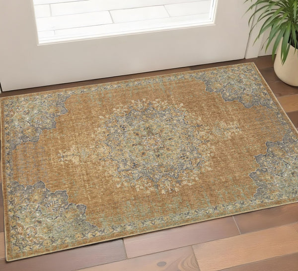 HomeRoots 2' Brown and Gray Wool Medallion Area Rug – Timeless Elegance for Entryways and Small Spaces 3' X 5' 375292
