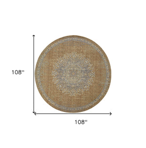 Homeroots 9' Coffee Brown Machine Woven Floral Medallion Round Indoor Area Rug  Wool 375296