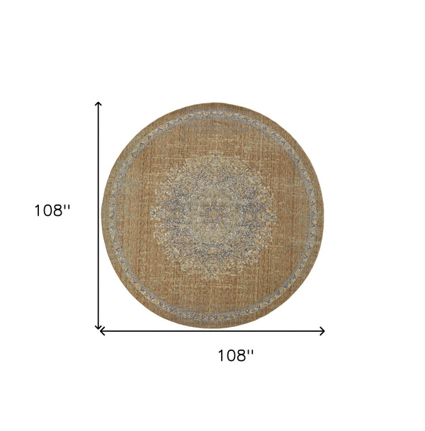 Homeroots 9' Coffee Brown Machine Woven Floral Medallion Round Indoor Area Rug  Wool 375296