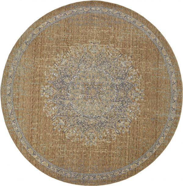 Homeroots 9' Coffee Brown Machine Woven Floral Medallion Round Indoor Area Rug  Wool 375296