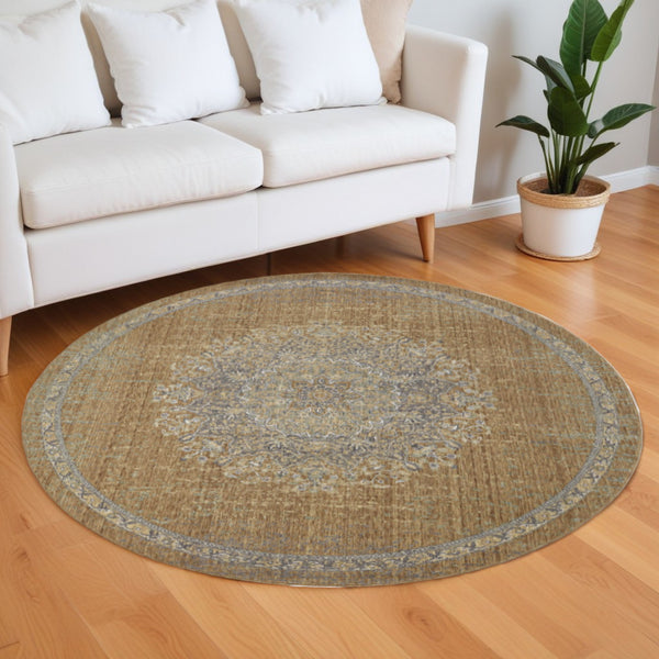 Homeroots 9' Coffee Brown Machine Woven Floral Medallion Round Indoor Area Rug  Wool 375296